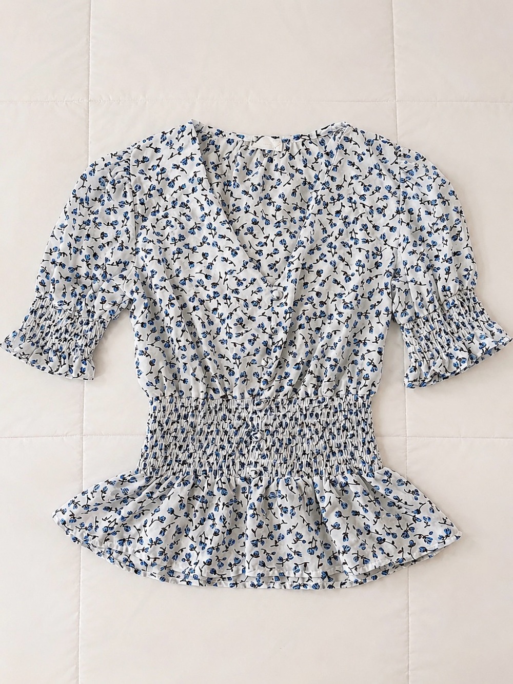 Blue Floral Smocked Peplum Coquette Blouse